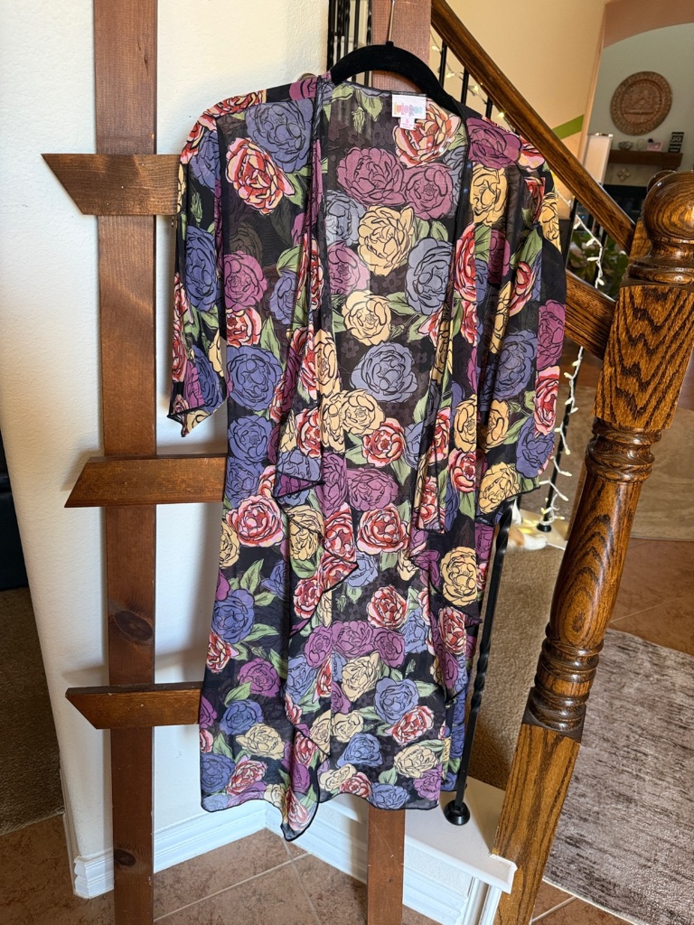 LuLaRoe Floral Sheer Kimono Coverup - Black with Purple, Yellow, Red, Green